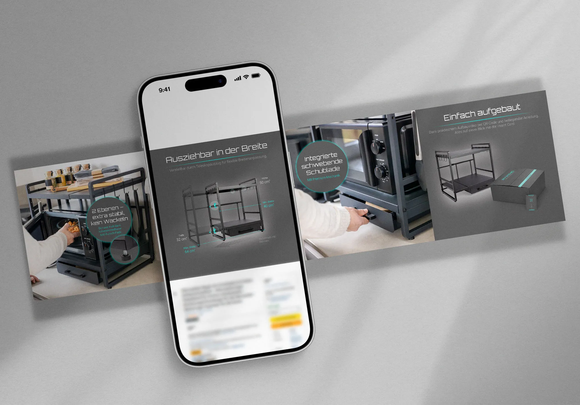 empegra - Amazon Listing Images und A+ Content für ein Küchenregal mit Infografiken und Produktdarstellung